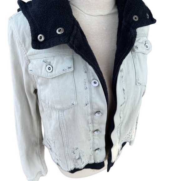 Free People Double Layer Distressed Jean Jacket Small Hood Destroyed Light Wash - Picture 6 of 14